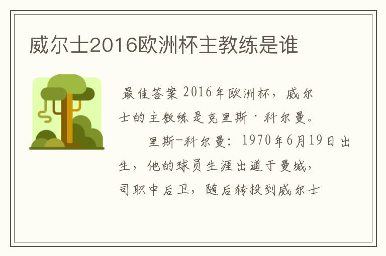 威尔士2016欧洲杯主教练是谁