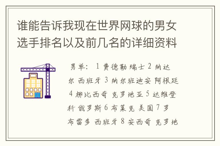 谁能告诉我现在世界网球的男女选手排名以及前几名的详细资料 都有哪些重要赛事