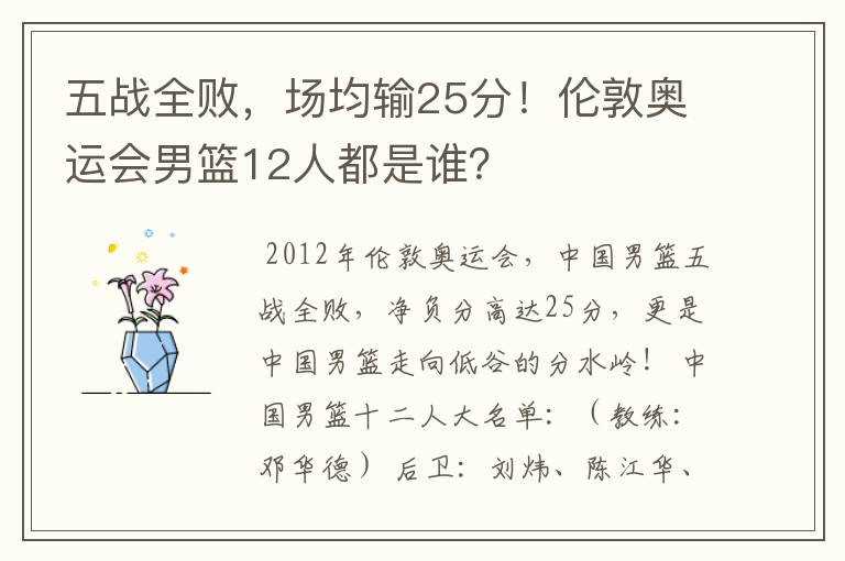 五战全败，场均输25分！伦敦奥运会男篮12人都是谁？