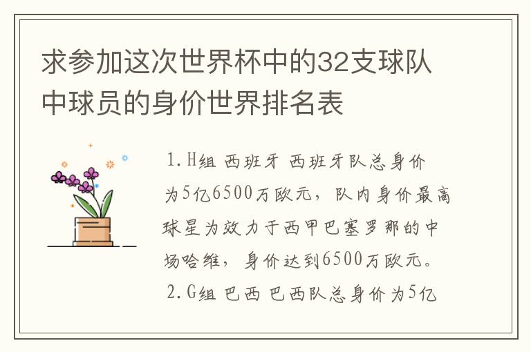 求参加这次世界杯中的32支球队中球员的身价世界排名表