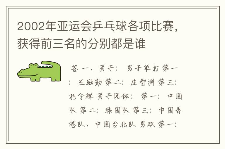 2002年亚运会乒乓球各项比赛，获得前三名的分别都是谁