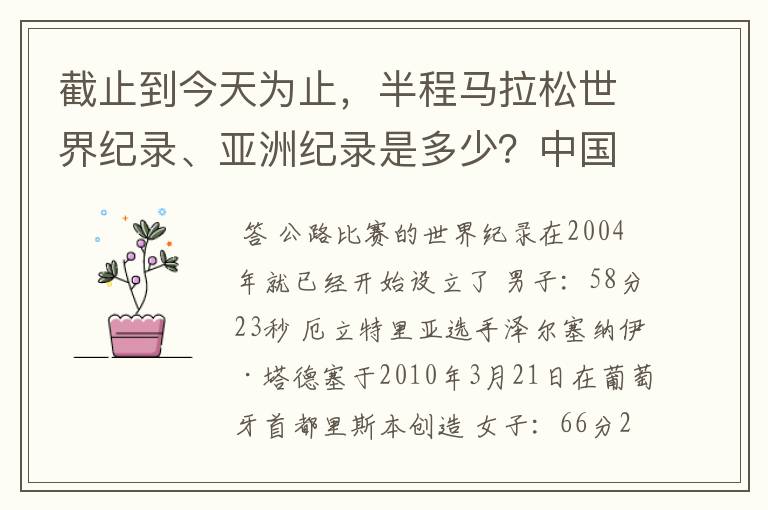 截止到今天为止，半程马拉松世界纪录、亚洲纪录是多少？中国各市的半程马拉松的最好成绩？（是半程）