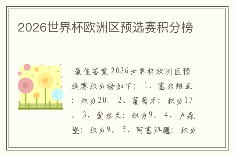 2026世界杯欧洲区预选赛积分榜