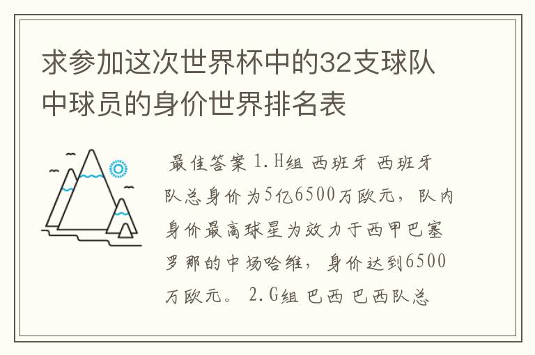 求参加这次世界杯中的32支球队中球员的身价世界排名表