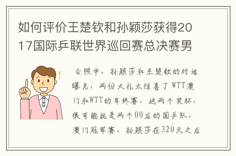 如何评价王楚钦和孙颖莎获得2017国际乒联世界巡回赛总决赛男女单打冠军？