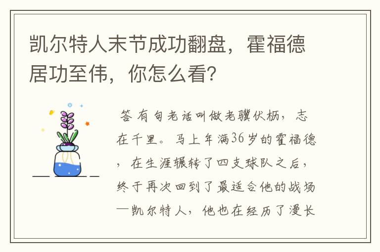 凯尔特人末节成功翻盘，霍福德居功至伟，你怎么看？