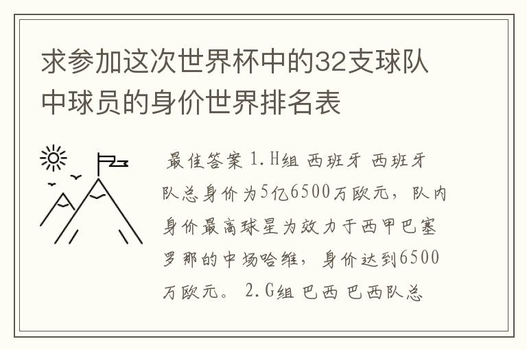 求参加这次世界杯中的32支球队中球员的身价世界排名表