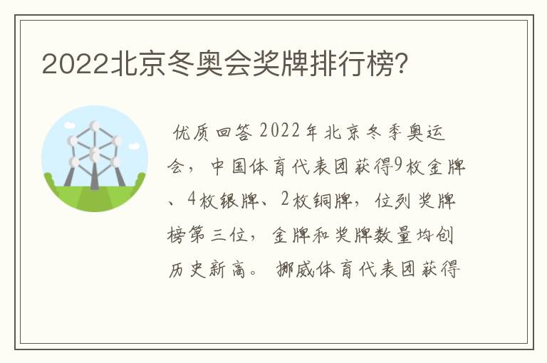 2022北京冬奥会奖牌排行榜？