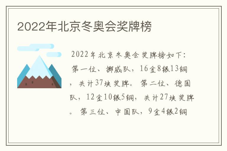 2022年北京冬奥会奖牌榜