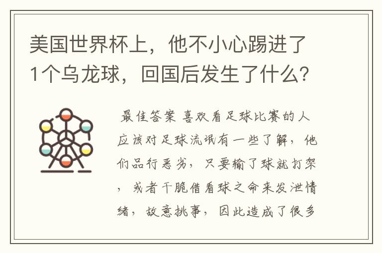 美国世界杯上，他不小心踢进了1个乌龙球，回国后发生了什么？