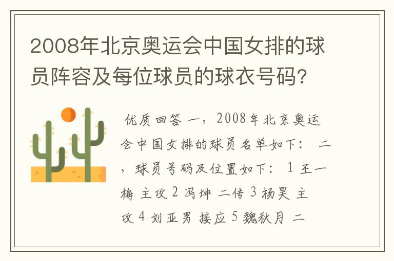 2008年北京奥运会中国女排的球员阵容及每位球员的球衣号码?