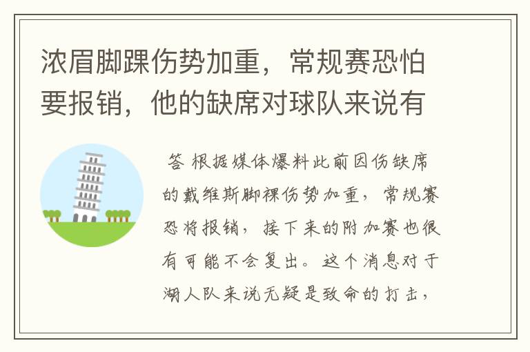 浓眉脚踝伤势加重，常规赛恐怕要报销，他的缺席对球队来说有何影响？