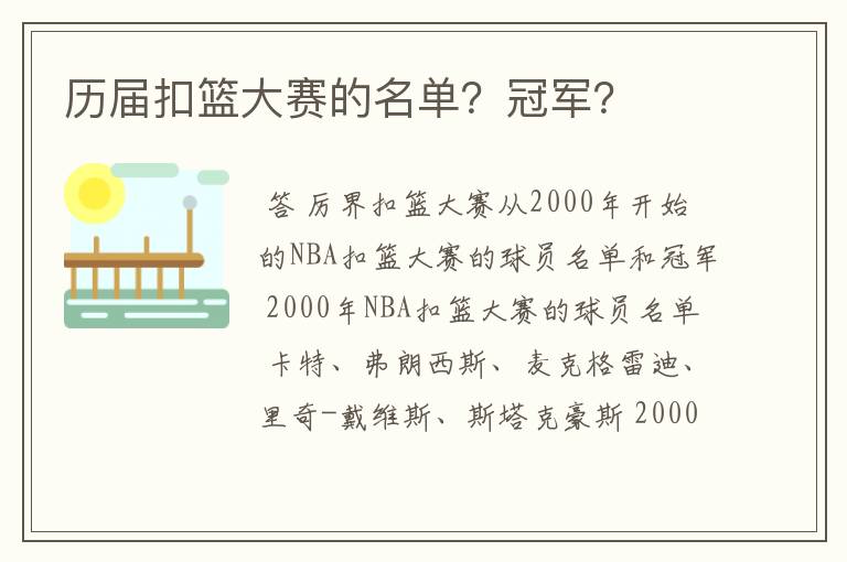 历届扣篮大赛的名单？冠军？