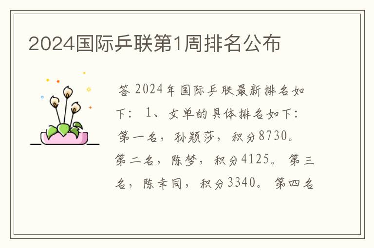 2024国际乒联第1周排名公布