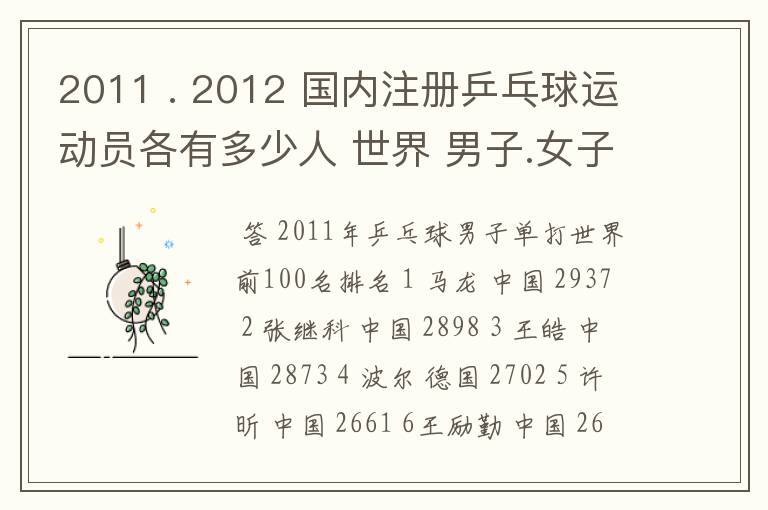 2011 . 2012 国内注册乒乓球运动员各有多少人 世界 男子.女子 排名前100的名单