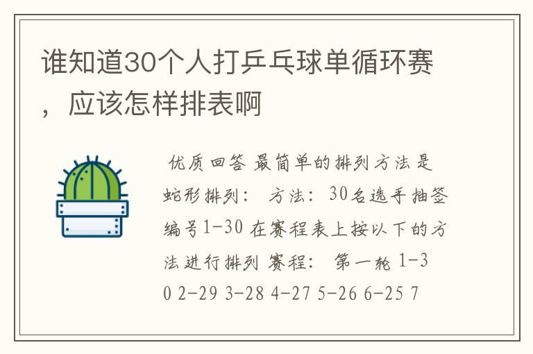 谁知道30个人打乒乓球单循环赛，应该怎样排表啊