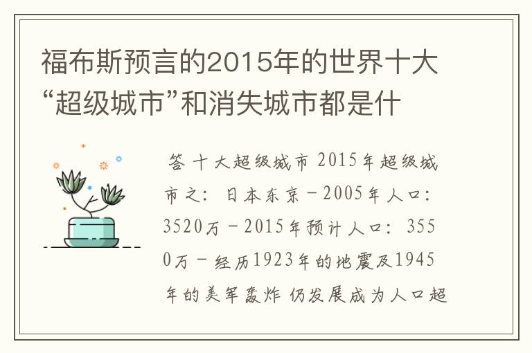 福布斯预言的2015年的世界十大“超级城市”和消失城市都是什么