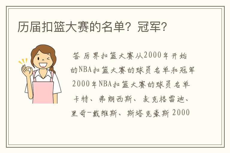 历届扣篮大赛的名单？冠军？