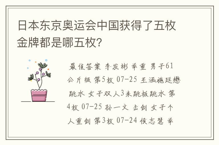 日本东京奥运会中国获得了五枚金牌都是哪五枚？