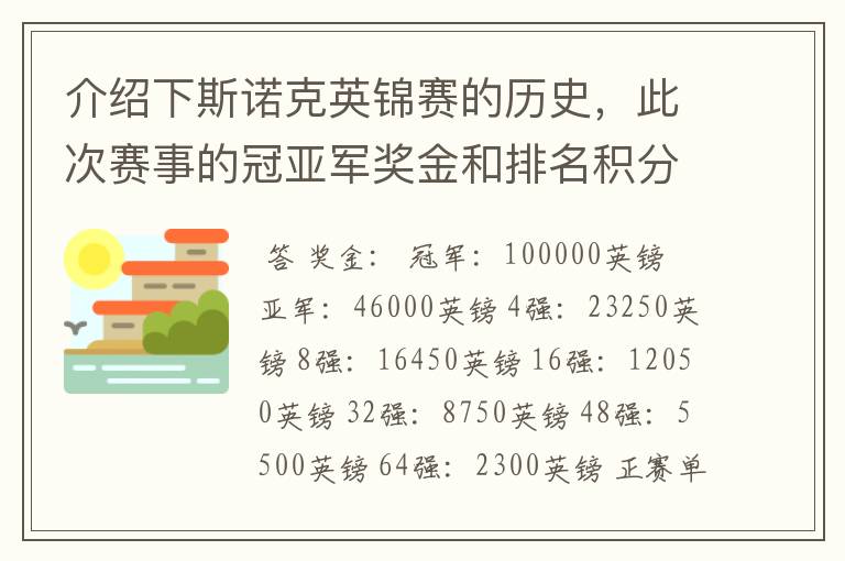 介绍下斯诺克英锦赛的历史，此次赛事的冠亚军奖金和排名积分各是多少？