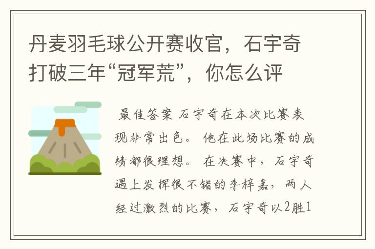 丹麦羽毛球公开赛收官，石宇奇打破三年“冠军荒”，你怎么评价他的表现？