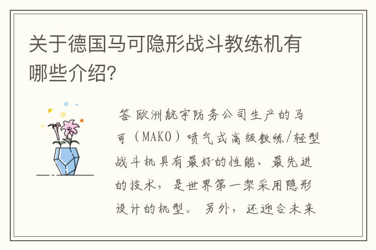 关于德国马可隐形战斗教练机有哪些介绍？