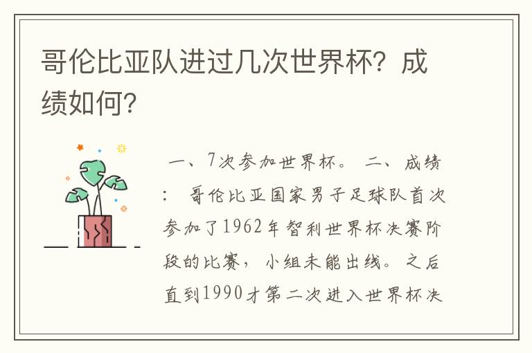 哥伦比亚队进过几次世界杯？成绩如何？