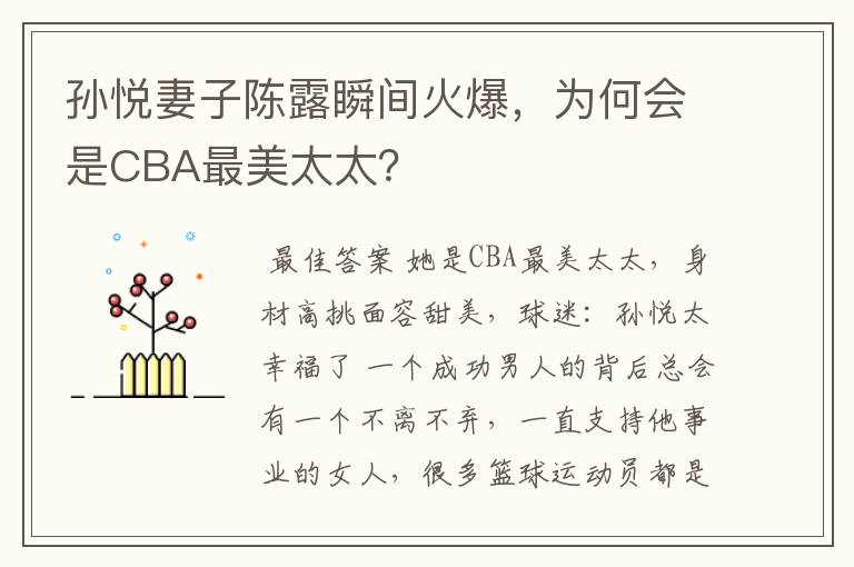 孙悦妻子陈露瞬间火爆，为何会是CBA最美太太？