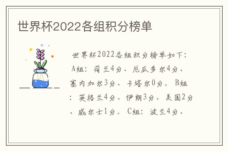 世界杯2022各组积分榜单