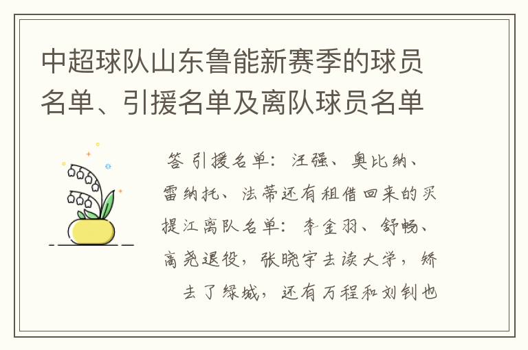 中超球队山东鲁能新赛季的球员名单、引援名单及离队球员名单