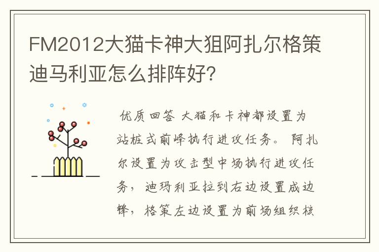 FM2012大猫卡神大狙阿扎尔格策迪马利亚怎么排阵好？