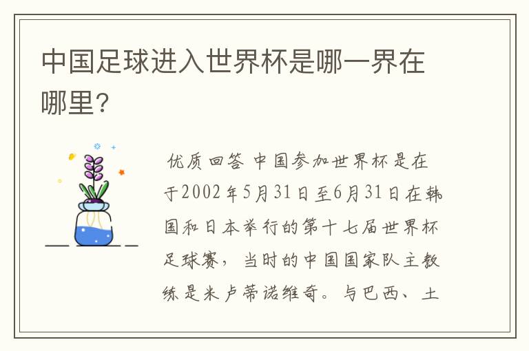 中国足球进入世界杯是哪一界在哪里?