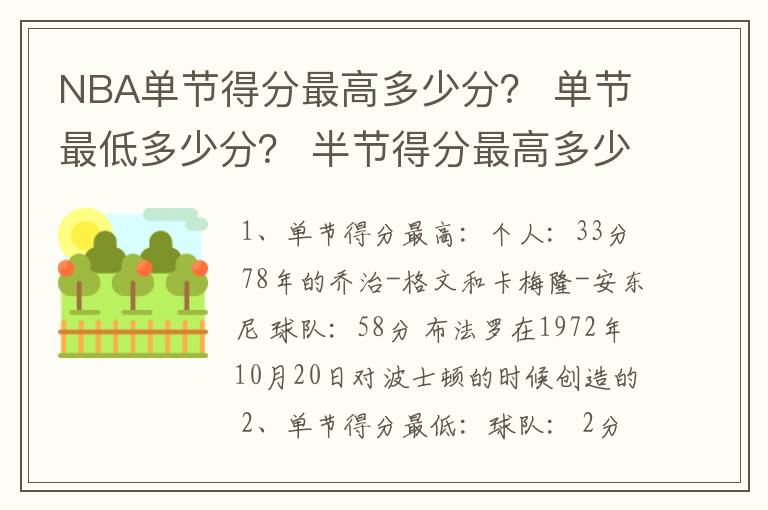 NBA单节得分最高多少分？ 单节最低多少分？ 半节得分最高多少？ 半节最低多少分？我