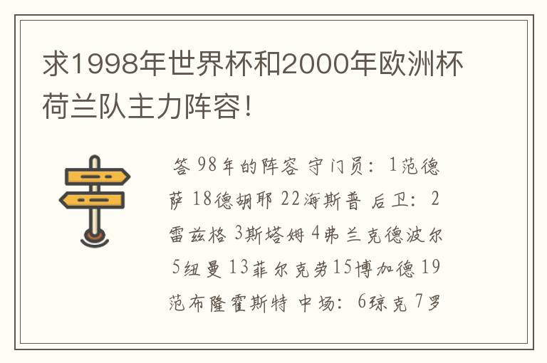 求1998年世界杯和2000年欧洲杯荷兰队主力阵容！