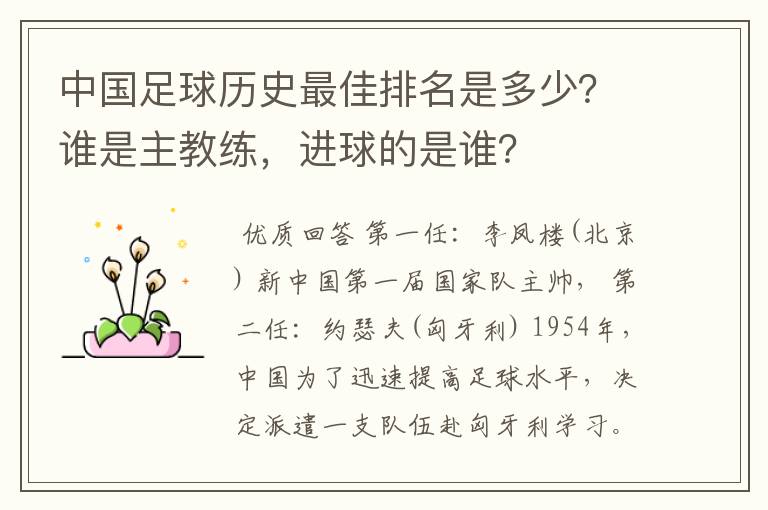 中国足球历史最佳排名是多少？谁是主教练，进球的是谁？