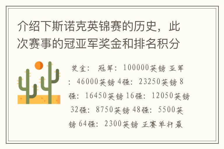 介绍下斯诺克英锦赛的历史，此次赛事的冠亚军奖金和排名积分各是多少？