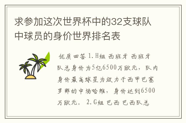 求参加这次世界杯中的32支球队中球员的身价世界排名表