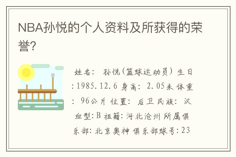 NBA孙悦的个人资料及所获得的荣誉？