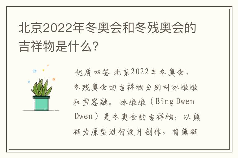 北京2022年冬奥会和冬残奥会的吉祥物是什么？