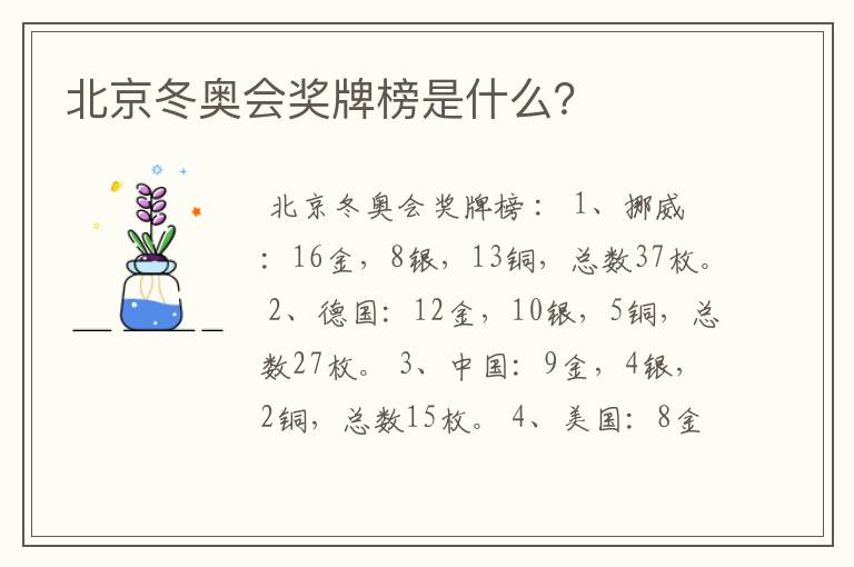 北京冬奥会奖牌榜是什么？