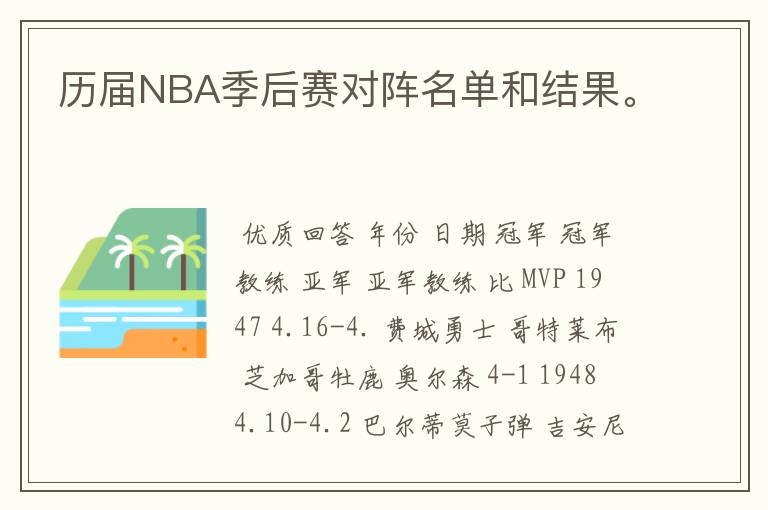 历届NBA季后赛对阵名单和结果。