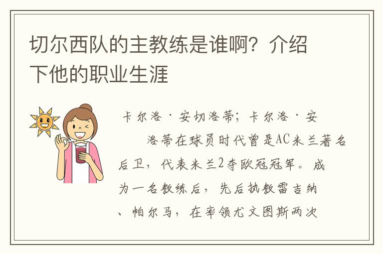 切尔西队的主教练是谁啊？介绍下他的职业生涯