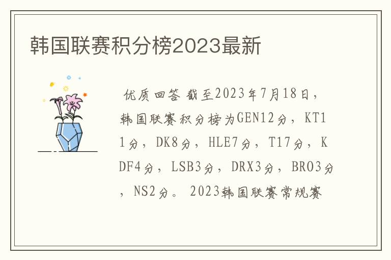 韩国联赛积分榜2023最新