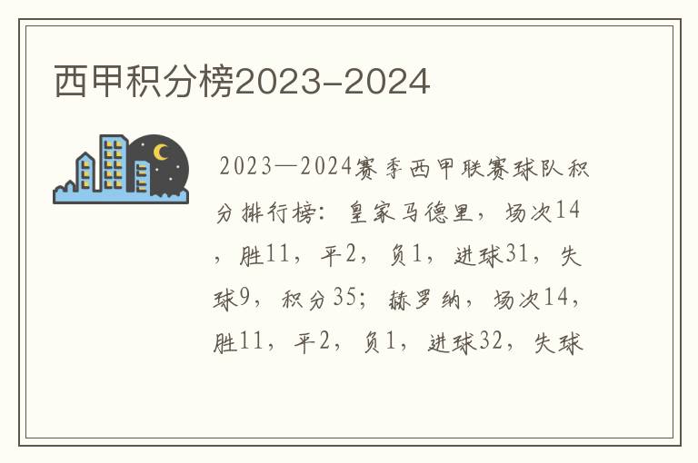 西甲积分榜2023-2024