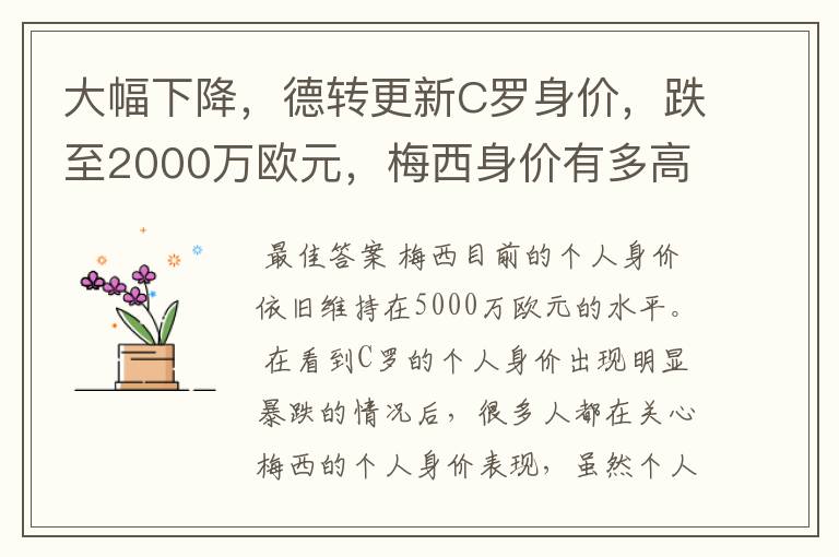 大幅下降，德转更新C罗身价，跌至2000万欧元，梅西身价有多高？