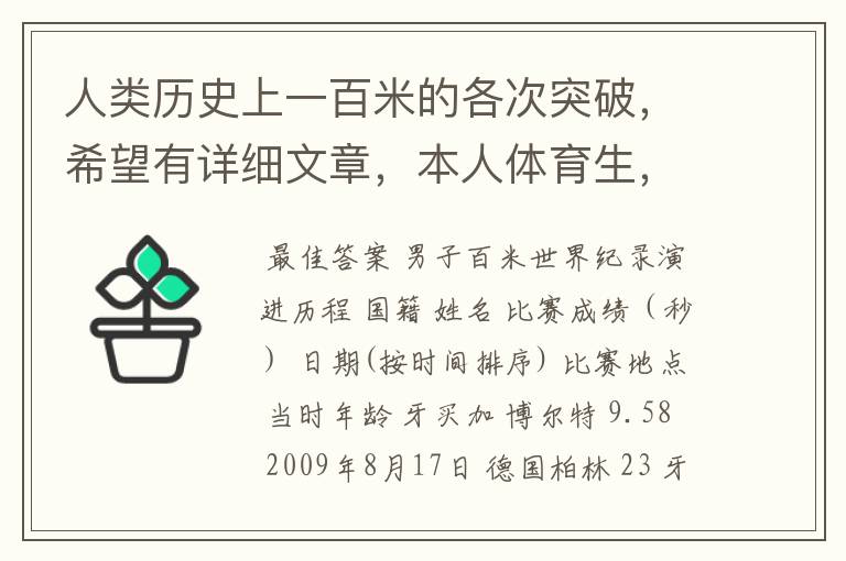 人类历史上一百米的各次突破，希望有详细文章，本人体育生，喜欢看一百米比赛