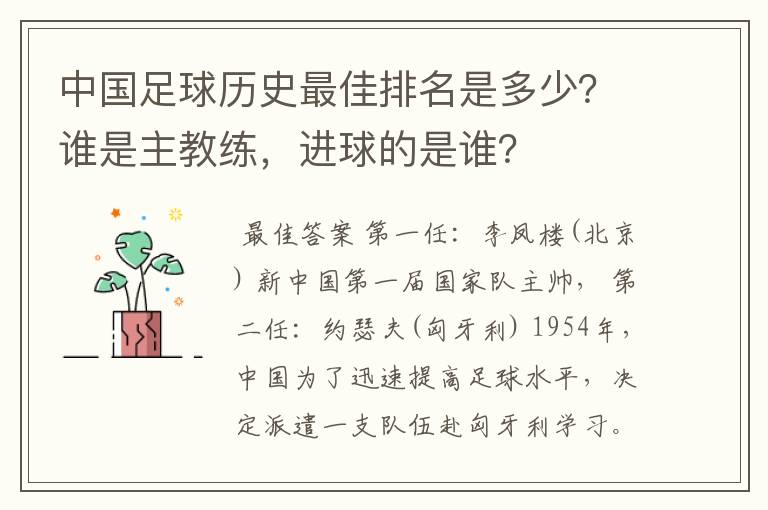 中国足球历史最佳排名是多少？谁是主教练，进球的是谁？