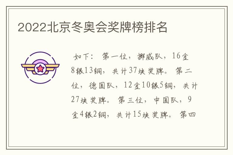 2022北京冬奥会奖牌榜排名