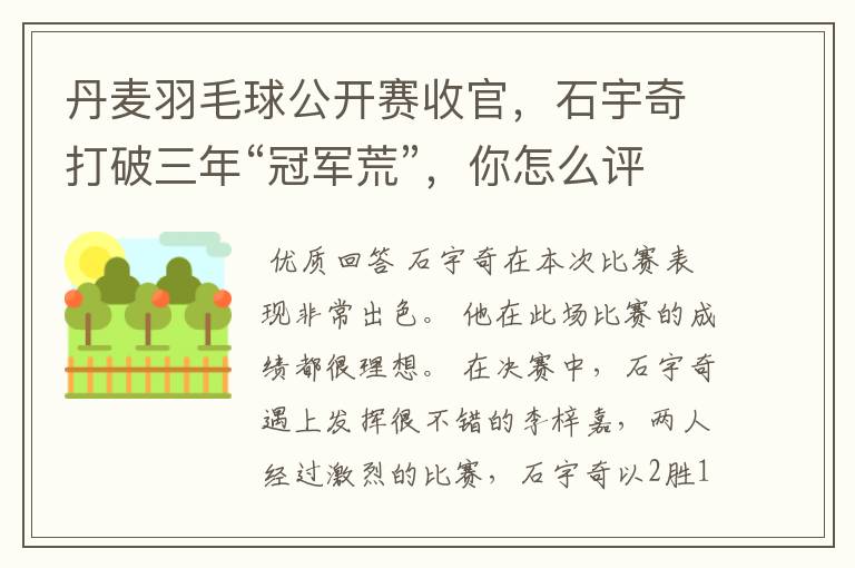 丹麦羽毛球公开赛收官，石宇奇打破三年“冠军荒”，你怎么评价他的表现？