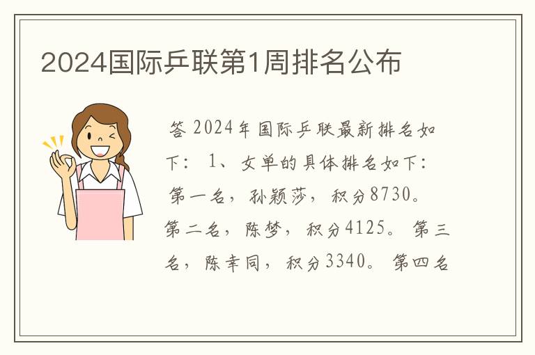 2024国际乒联第1周排名公布